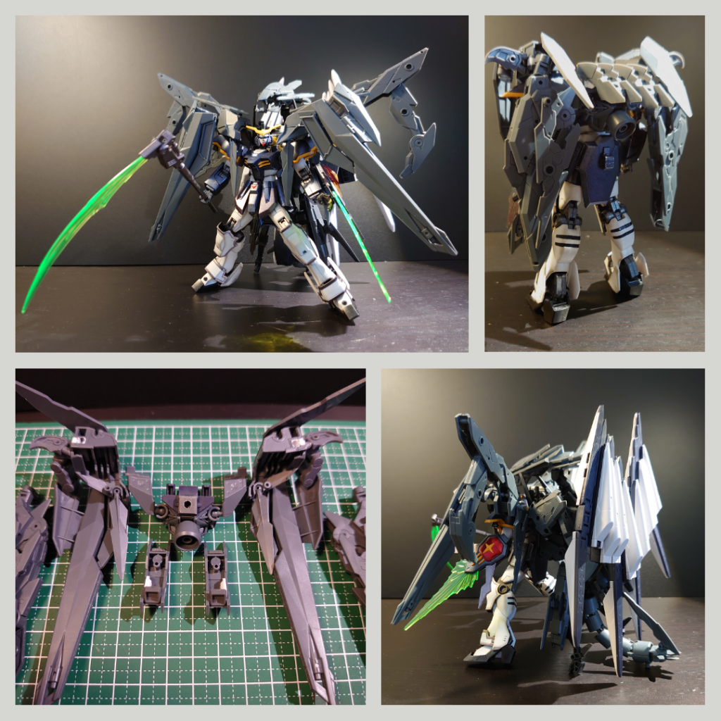 組合せを試行錯誤しているところです。単体でも似合うパーツばかりですが、、どう統一感を取るか悩みました。フェイクニューファンネルとダブルリベイクライフルのバックパック接続加工、ブースターウィングとダブルリベイクライフルとのハードポイント加工が、工夫ポイントです。今回の活用キット：・HGAC ガンダムデスサイズ・HGBD ダブルリベイクライフル・HGBD フェイクニューウェポンズ x2・30mm エグザビークル ドッグメカVer.・30mm 戦国アーマー・30mm マルチブースターユニット・30mm マルチウィング/マルチブースター・コトブキヤ フレキシブルアームBデスサイズを盛った事例は少なめで悩みましたが、、なんとか纏まって良かったです^^エクストリームバーサスやガンプラバトルで使える時代を夢見つつ、、2021年最高の自己満足になりました(笑)お付き合い、ありがとうございました！