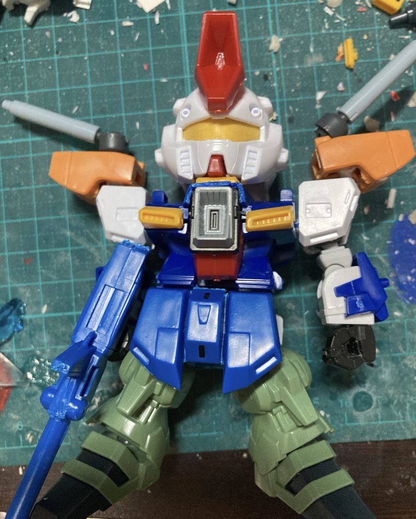 9月の段階。頭と胸、肩はBB戦士ダブルゼータ肩のウェポンコンテナがビームマスターとライトニングバックウェポンシステムマークII腕はクロスシルエットクロスボーン脚はBB戦士クシャトリア青いパーツは旧キットダブルゼータ