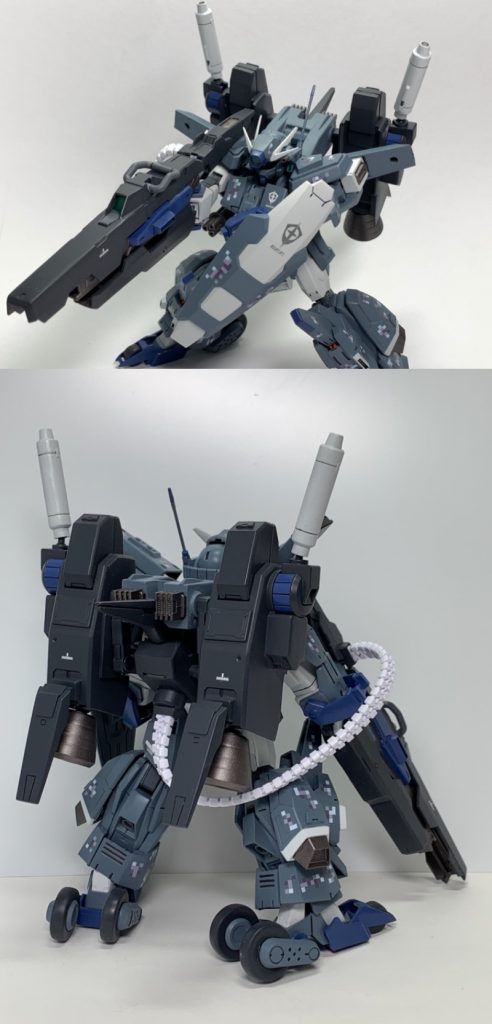 メイン武装である「試作型ビームバズーカ(プロトダイダルバズーカ)」ジェネレーター内蔵型のバックパックから伸びたケーブルによりエネルギーを供給しているため、大出力のビームバズーカの長時間運用が可能。バックパックより伸びるエネルギー供給ケーブルは100均のジッパータイプイヤホンを流用してます。移動しながら射撃姿勢を維持できるローラーダッシュはアデルマークⅡへと引き継がれる…という設定。