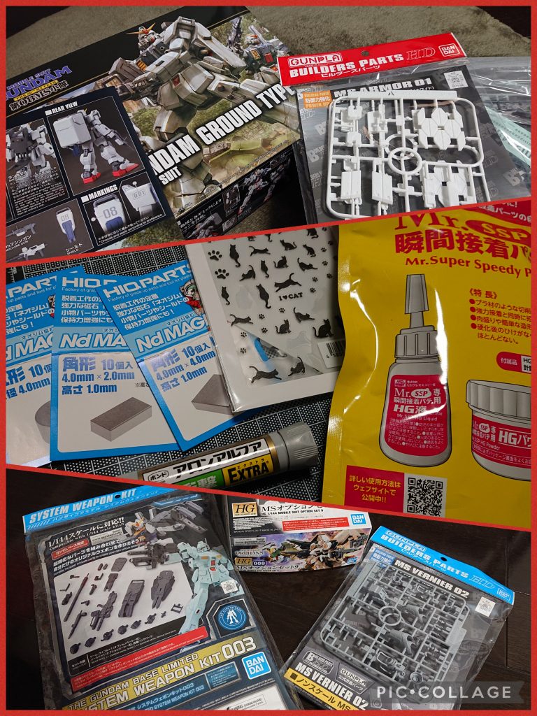 今回の工作で特に使用したものや追加パーツ類です。・コンテナ/バックパックは陸戦型ガンダムから(LEDの電池ボックスをコンテナ内に収納するため採用)。・スナイパーライフルはロングビームライフルにしよう!となりシステムウェポンキット03から。・追加装甲は胸部中央に鉄血のオプションセット9に含まれている「ゲイレール・シャルフリヒター用換装パーツ」を一部切断加工して配置。足周りはMSバーニア02の角型(大)をチョイスして、その他全体にはビルダーズパーツのMSアーマー01を使用しました。・ネオジム磁石はハイキューパーツのものを色んなサイズ用意し、接着はアロンアルファ耐衝撃EXTRAをメインにクレオスの瞬間接着パテや100均の光硬化レジン、ふわっと軽い粘土も使用しました。今回の工作ではこの工程がいちばん労力かかりましたね。。🤔💦・猫のマークは市販のシールです😳💦水転写デカールとは違い段差もバリバリ出ますが、サイズ感はバッチリだったのでこれでヨシ!👈️となりました。
