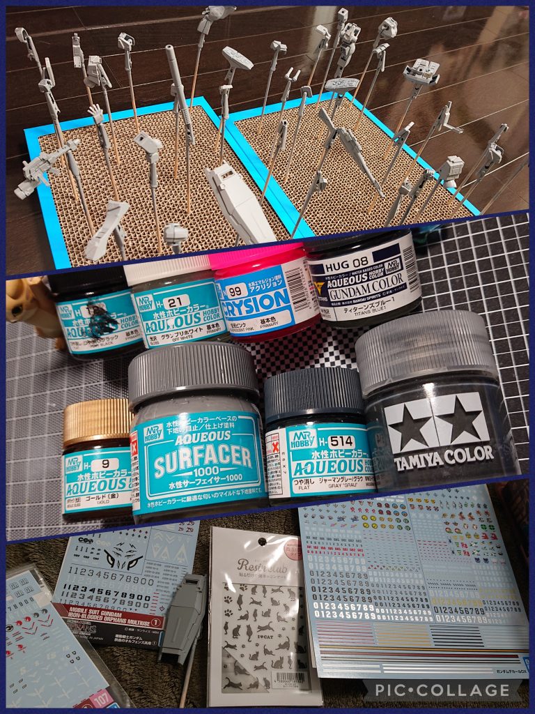 サフ&塗装工程です。サフは水性サフの缶スプレーです。※補正用に瓶タイプも少し使いました。今回、ロービジ塗装風で進めるにあたり、タッグパートナーさんが私の過去作ネモのカラーリングのイメージはどうかとご提案いただきました。それはサフ吹きっぱなしで完成させたものだったので今回のメインカラーも同じくサフ吹きっぱなしにすると決定しました🤭※結果的に筆塗り塗装箇所が大幅に減ったので、そこそこ早めに終えることができました🖌️なお、サフ以外の所ではジャーマングレー/グラウとティターンズブルー1、グランプリホワイトが外装で主に見える色となります。後は間接部分にゴールドやつや消しブラック、そして唯一調色したオリジナルカラー(主に焼鉄色とニュートラルグレーで調色したもの)を塗りました。ここまで全て水性ホビーカラーです🎨最後に、ビームサーベルだけはアクリジョン蛍光ピンクを薄塗りしてUVライトがあたると光るようにしています。デカールは今回かなり少なめです。チョバムアーマー表面には貼れなかったのと、直前にアーマード・コアの画像(コーションデカールの類いが貼られていない画像)を見たからかもしれません。つまり気分的なものですね😅💦