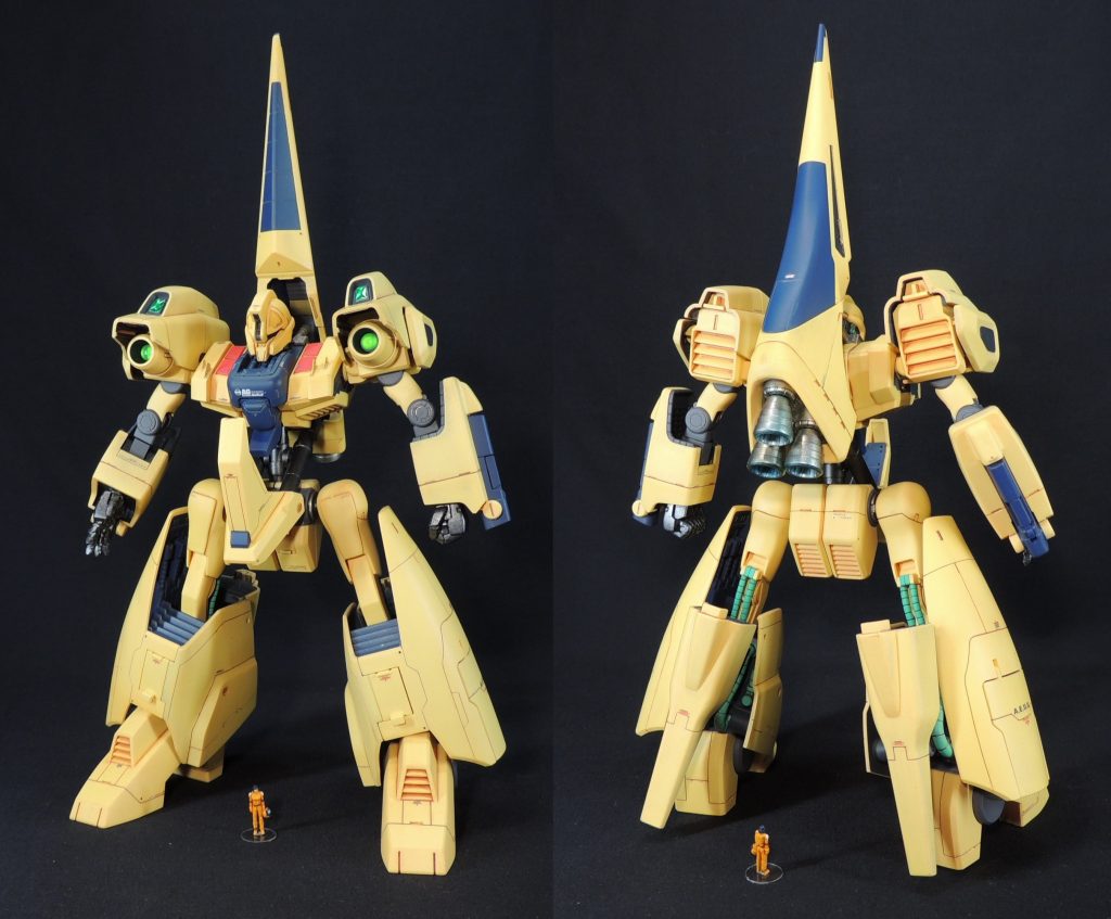 1/144メタスとファ・ユイリィです。両肩のひさし部分を短めにして劇中イメージに近づけました。全身にスジ彫りやモールドを追加しています。緑色のセンサー部分にUVレジンを用い、クリアパーツのような質感にしています。