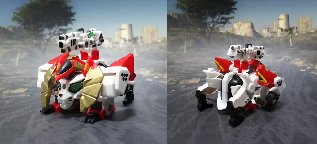 変形! ライオンファイター!!白いライオンとしてよりヒロイックに。元祖SD版に倣い腰部(ガンダム後頭部)に武器の取付穴を追加しています。もう銃が持てないとは言わせないのです。