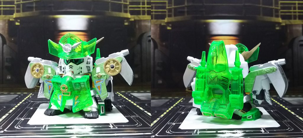 緑に燃える、スパークガンファイヤー。クリスタル戦士版のクリアグリーンのパーツに合わせ、肩アーマーもそれに寄せた配色としています。