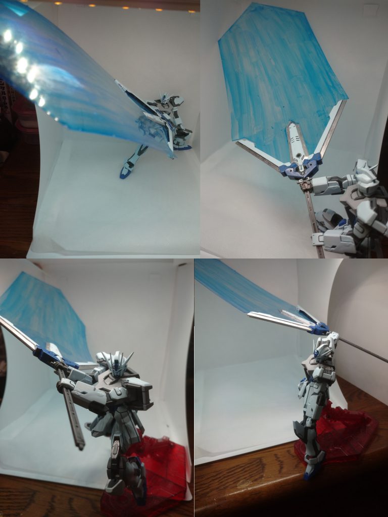 　デカくしすぎました…簡易撮影ブースに収まらない大きさになってしまいました。　しかも使ったプラバンが薄かったせいで先端がペラペラパタパタでうちわかな？って感じの仕上がりでした。　でも展開ギミックからの巨大斬艦刀をできたので満足です。