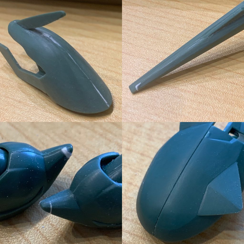 製作中写真。ヴェイガンキットは合わせ目消しとの戦いですよね…膝は諦めて段落ちモールドにしました。