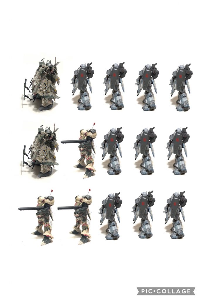 スイス機械化旅団編成α小隊ザクⅢ×1ハイザック×4β小隊ザクⅢ×1Rジャジャ×1ハイザック×3γ小隊Rジャジャ×2ハイザック×3を各小隊とし2編成を中隊、3編成を大隊とする。おもな主要拠点にはおよそ5大隊が配備され要塞化をはかる。