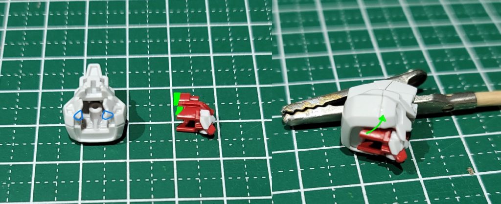 頭パーツは後ハメ加工しました。RX78-2とかでやったシンプルな下からハメるやり方だと頬ガード(青で囲った箇所)がどうしても引っかかってしまいはまらなかったので、黄緑の部分を削り斜めにスライドさせるようにしました。