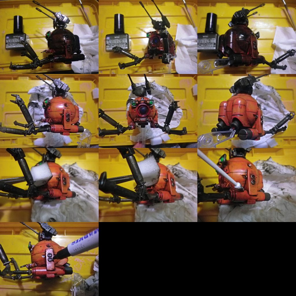 ウェザリング工程です。全体にウェザリングカラーグラウンドブラウンを筆塗り、余分な分をテッシュで拭き取り、細部をタミヤの綿棒とメラニンスポンジ細切りで拭き取っています。