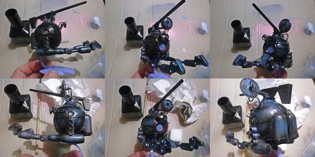 こちらはウェザリングの工程  ウェザリングカラー・グラウンドブラウンを筆塗り後 テッシュと綿棒、細切りメラニンスポンジでふき取っています。