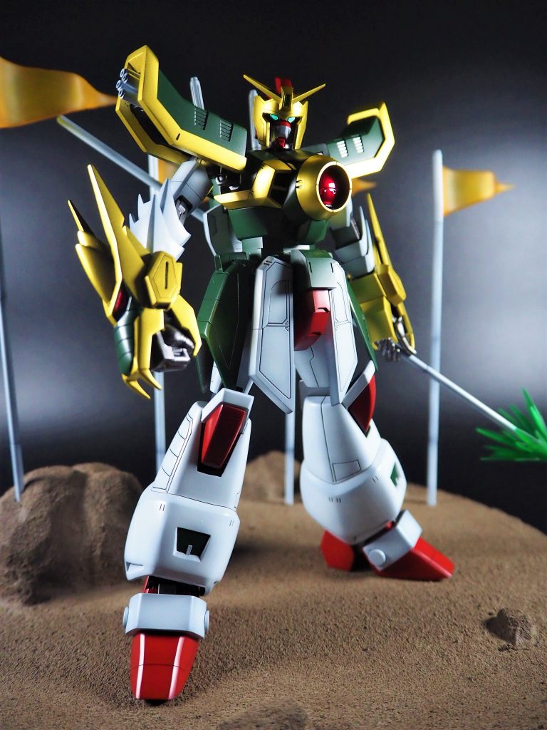 専用台座はスタイロボードとプラ板、テクスチャペイントで自作フェイロンフラッグも立ててファラオガンダムⅣ世戦っぽく