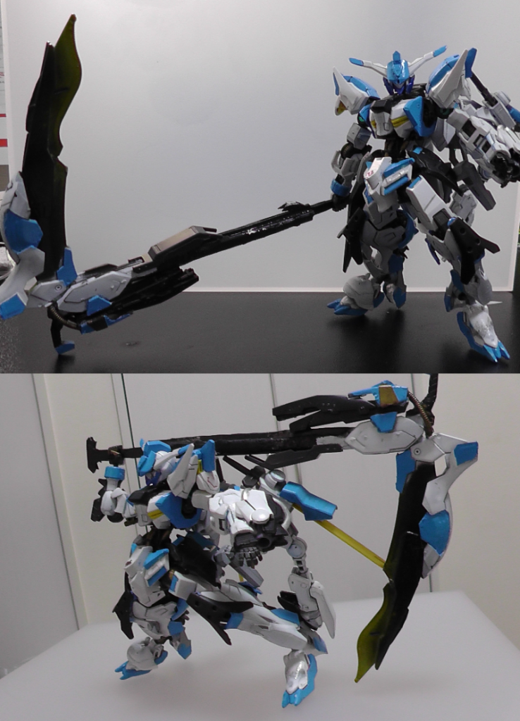 【グランデファルクス】本機の目玉武装。　本武装は三日月が愛用する超大型メイスを超えるリーチにより周囲の敵機を薙ぎ払う。鉄華団が保有する大型武装の中でも最長のリーチを誇るとされている。（刀身部は初めて、グラデーション塗装に挑戦してみました(*´ω｀*)カラーはバエルソードに合わせたイエローを使用。初めてにしては割と良き仕上がりになったのでは？）