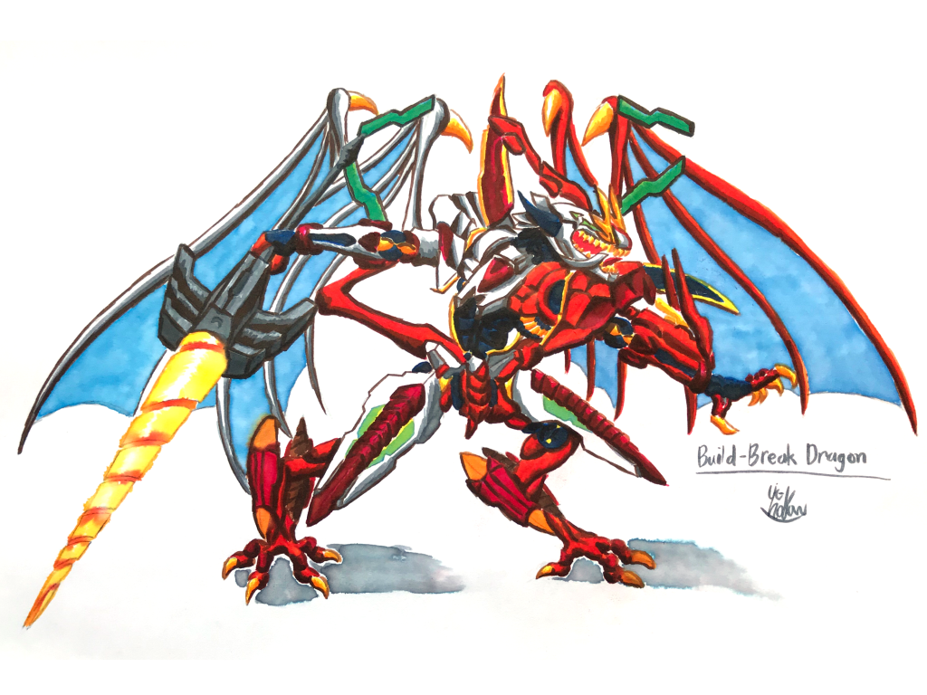 最後は幌ゥ(Twitter ID:@uc__hollow)が描いたビルドブレイクドラゴンのイラスト。有機的なデザインや翼の膜はさすがに再現できてません。 今回の使用キット・hgiboレギンレイズジュリア(頭部)・hgiboガンダムキマリスヴィダール(腕部・胴体・武装)・hgucユニコーンガンダム3号機(アンテナ)・hgbcバトルアームアームズ(ウイング接続アーム・左腕籠手)・hgbcライトニングバックウェポンシステムmk-3(ウイング)・hgbd:rゼルトザームアームズ(両脚・バーストランチャー)・hgbd:rダブルリベイクライフル(両肩アーマー)だいたいこんな感じです。