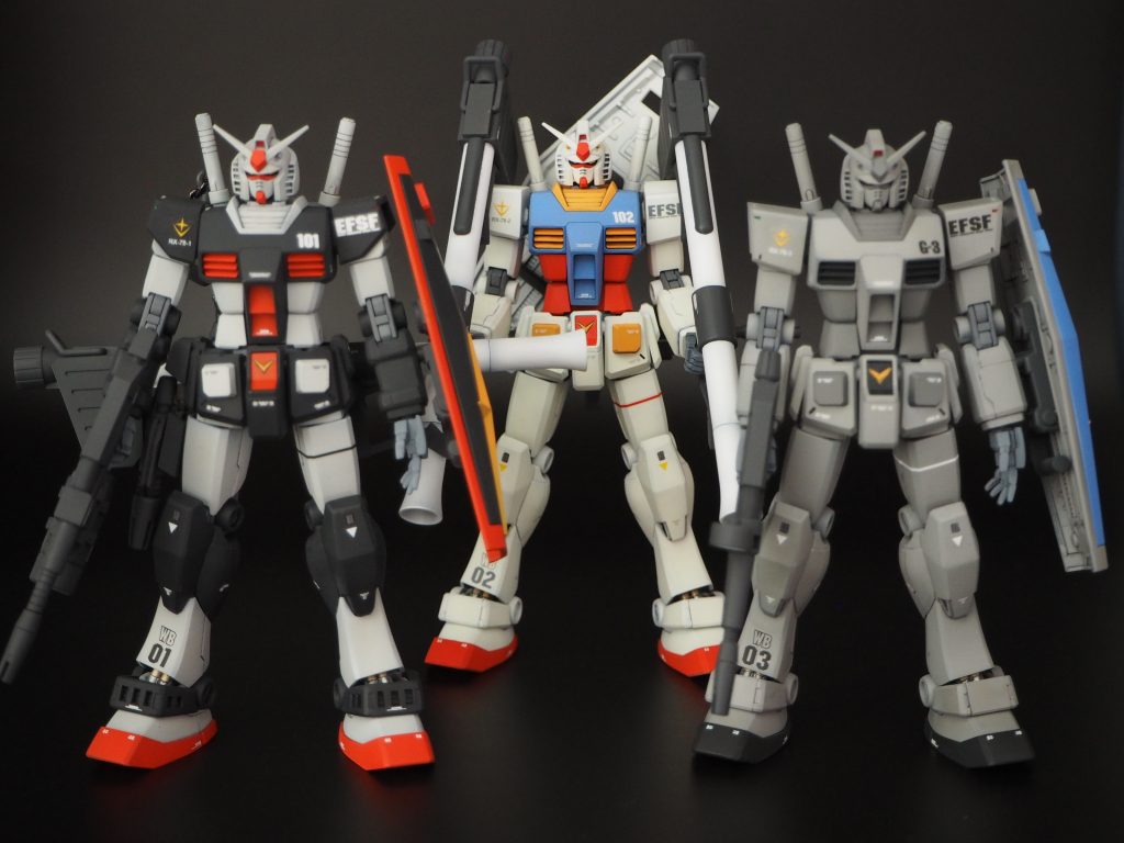 全てホワイトベース所属のマーキングにしています。歴史的にはこの仕様とカラーリングでWBのマーキングはあり得ないのですが、3兄弟ということを打ち出して、少し夢成分を足しました。