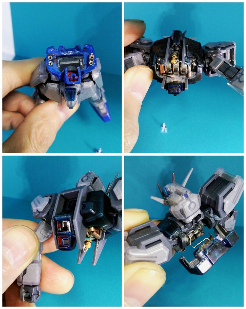 右上より時計回りに、電池交換用取り外し状態で腹部のソケット勘合を取り外し→背中側のフレームを取って胸部を前後に外した（メンテナンス時）状態→背面のスラスター上側にスライドスイッチ→腹部側ソケット（メス）の状態と、なります。      