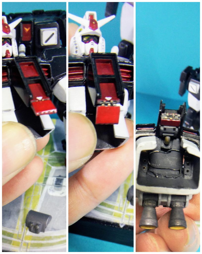 右側よりシールドシャッターとセパレートシャッターフルオープンとAパーツ内部の状態。中より左側画像でセパレートシャッターの開閉状態。ヒンジ部分は昔の女性用腕時計のヒンジのような作りにして各真鍮板とプラ板加工で作成しました。メンテナンスハッチ基部はポリキャップにて可動します。