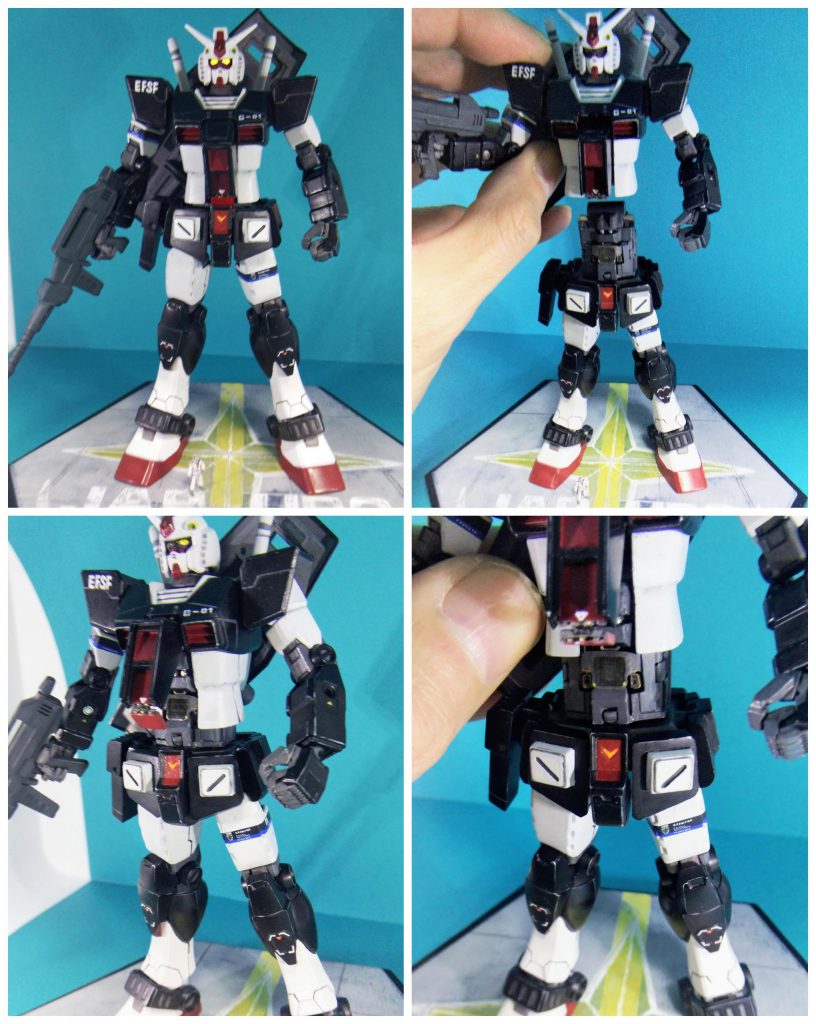 A/Bパーツのドッキングシークエンス右上より時計回りに①ダミーコアシステムの各ハッチクローズド状態でドッキングスタート。②コックピットメンテナンスハッチが開き始め、シールドシャッターが下りながら、折りたたまれた下部セパレートシャッターが開き始める。③ドッキング最終状態でメンテナンスハッチが閉じ始める。④ドッキング終了後、各システムが繋がり、ツインアイ発光で起動スタンバイとなる。