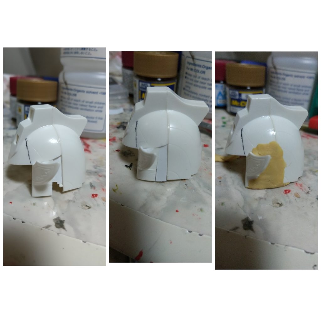 カブトの耳の位置加工中。左から、裏面に補強用の板を取り付け耳を前ずらし→空いた隙間に板追加→パテ埋め