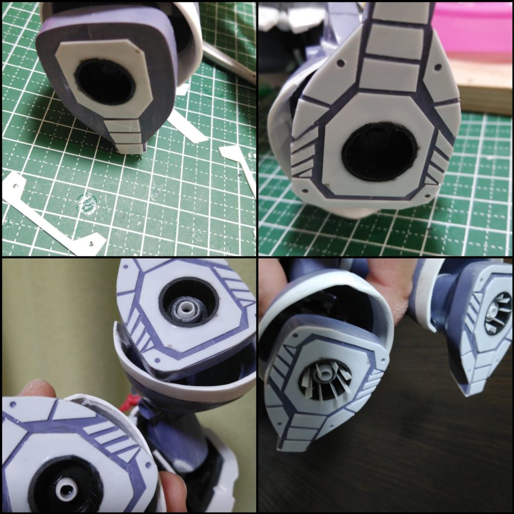 足裏加工中 する予定はなかったけど接着するときにスラスターを入れ忘れ否応なしに実施(´・ω・`)デザインは特に考えてなくてゴミみたいなプラ板の切れ端をどんどん貼っていったらこうなりました