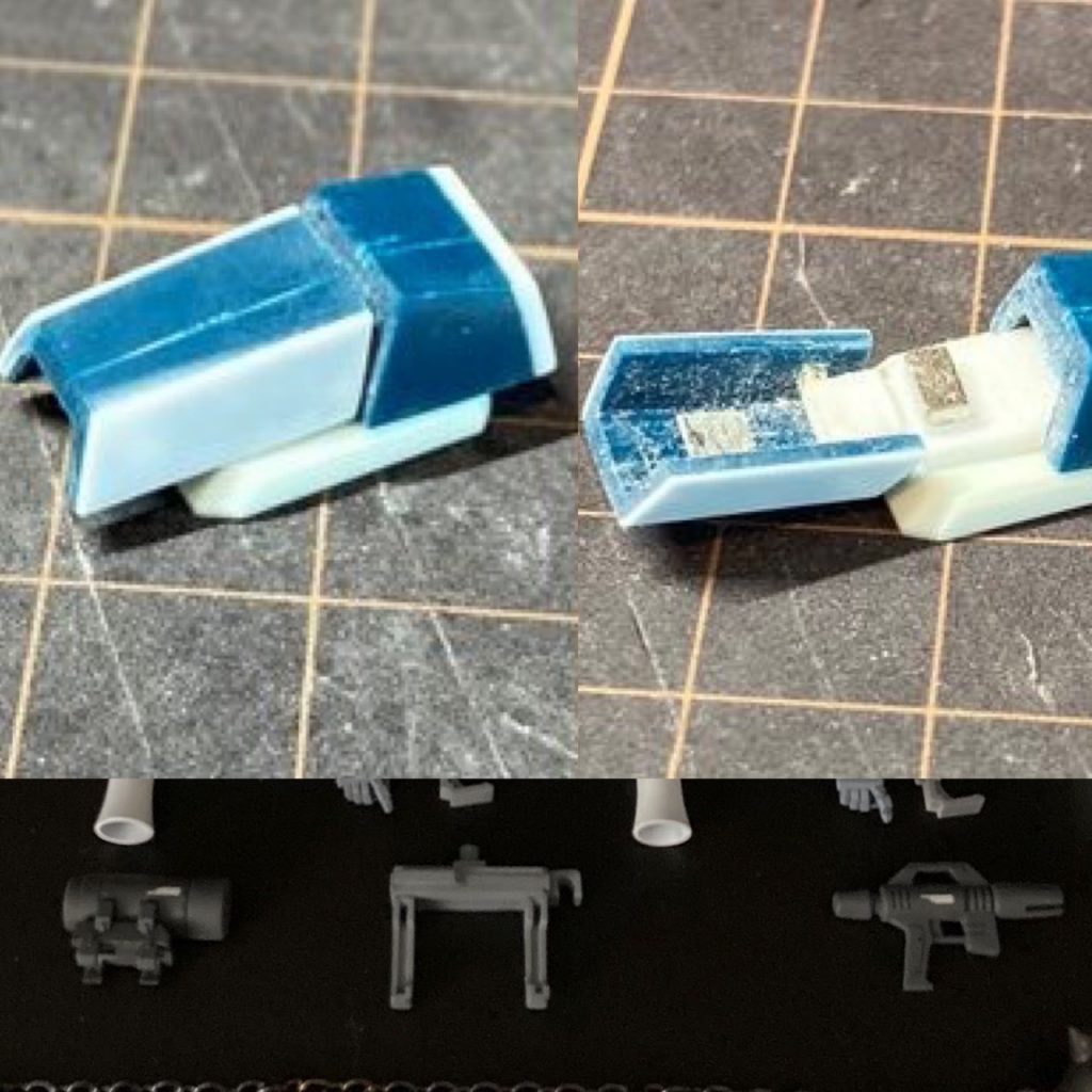 ホルスターはHGUCギャプランの腰アーマーを改造して、可動部を仕込んでいます。開閉のラッチはネオジム磁石です。