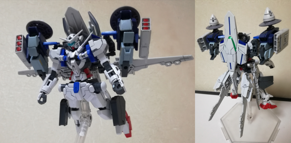 腰部のテールブースターは横に展開することでフライトユニットとして高速移動形態となる．GNアーチャーなどの本機体ではなく外部ユニットによる高速飛行形態の試作として追加されている．