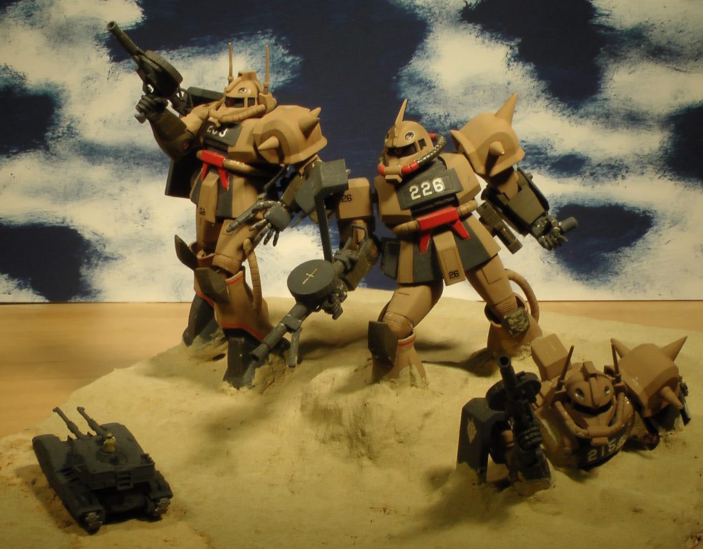 ベースの砂漠は、タミヤの造形テクスチャーと消費期限の切れた「きなこ」を利用しています。