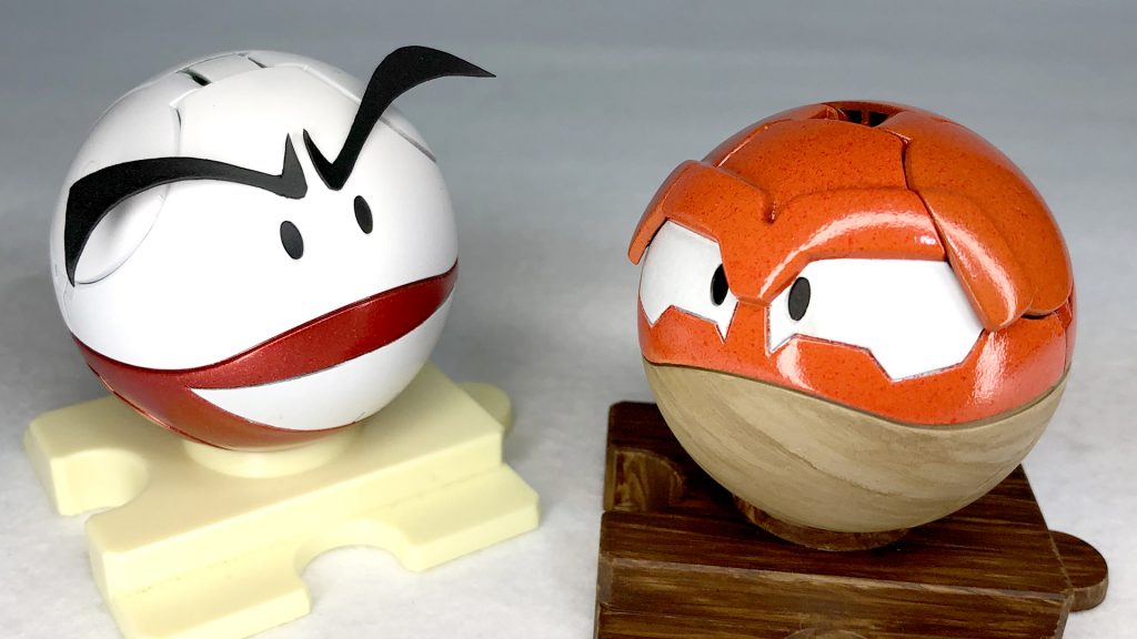 以前制作したビリリダマ、マルマインともパシャリ！ここまでご覧いただきありがとうございます。以前ビリリダマを作った経緯もあり唐突なキャラ発表ながら「これは急いで作らなければ！」と急ピッチながらかなり良い仕上がりになりましたはじめて行った木目塗装も思ったより上手にできて大満足です！