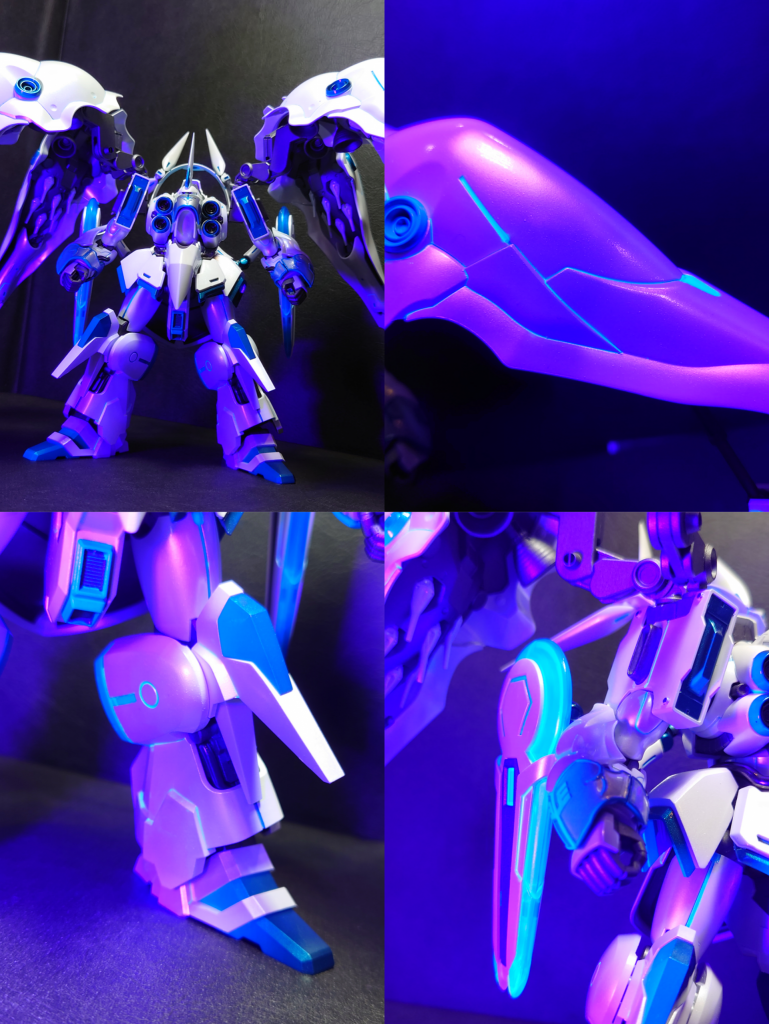 サイコフレームの稼働をイメージして、ブラックライトの反応をみましたが。。共鳴しているかのようになりました。※ブラックライトの波長を低くすれば、こんなに紫にはならないと思いますが。