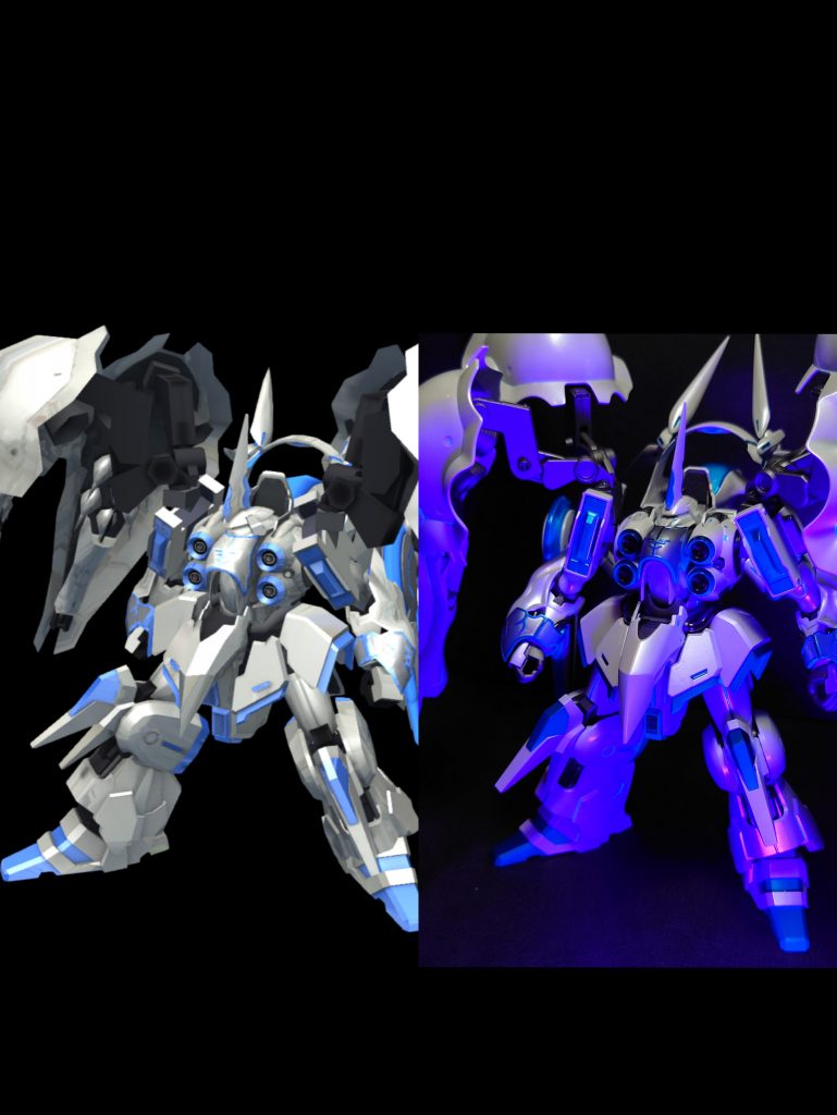 左側が、ゲーム内ビルド。右側は、リアルガンプラとなります。ブルーは全て蛍光塗料。サイコフレームの稼働をイメージ。ブラックライトに反応させました。