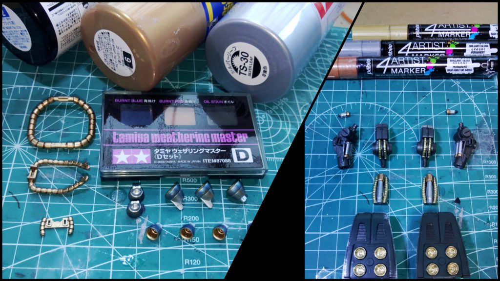 今回初の試み③メタリックの部分塗装の方法を変更。スプレー塗装の下地にツヤあり黒スプレーを使いました。バーニアはウェザリングマスターの青焼けを使用。細かい所は新たに導入した4アーティストマーカーで塗り分けてみました。