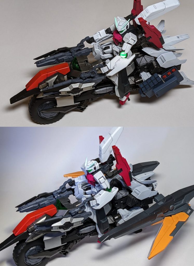 制作というかオマケの追加装備です。36連ミサイルポッドは地上戦闘での火力として重宝していそうです。ハルートのGNキャノンも取り付けられたりする他ハードポイントが各所にあるので、装備を増やす楽しみがまだまだありそうです。