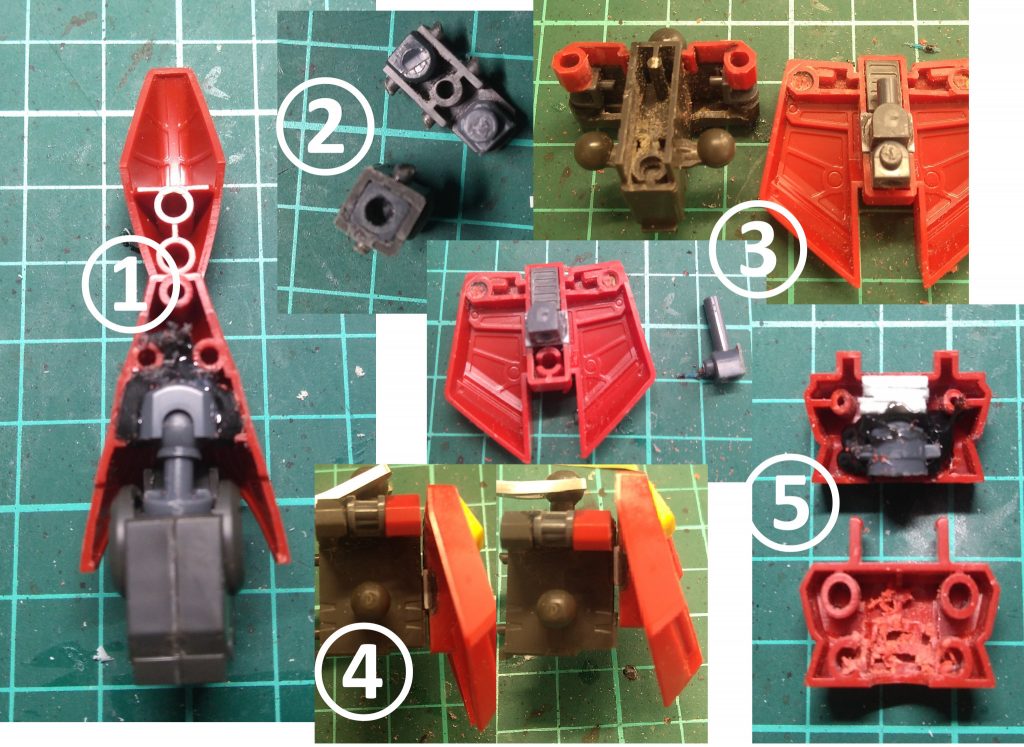 製作工程です①→足首は元キットの物を使わず、ピッタリ入った関節技ボールジョイントミニを使用、その軸に球体ポリキャップを接続し、バインダーガンのボールジョイント受け大をグルーガンで固定しています②→太もも内部フレームを切断し、上側内部にコトブキヤのHIPS製ジョイントキャップを接着しました(ぴったり)⑤→胴体を延長する為、内部のポリキャップの位置を下げています、固定はグルーガンです③→ポリキャップの位置を下げたからか、前方向に傾けることが出来る様になりました、しかしそれだと後ろから見た際隙間ができるので、それを隠すためリヤアーマーをスライドできるようにしました(通称”ケツライド”)、HIPSキャップとランナーの組み合わせですこの影響で、サイドアーマーはコトブキヤのABSユニット02で接続しました④→ケツライドの効果