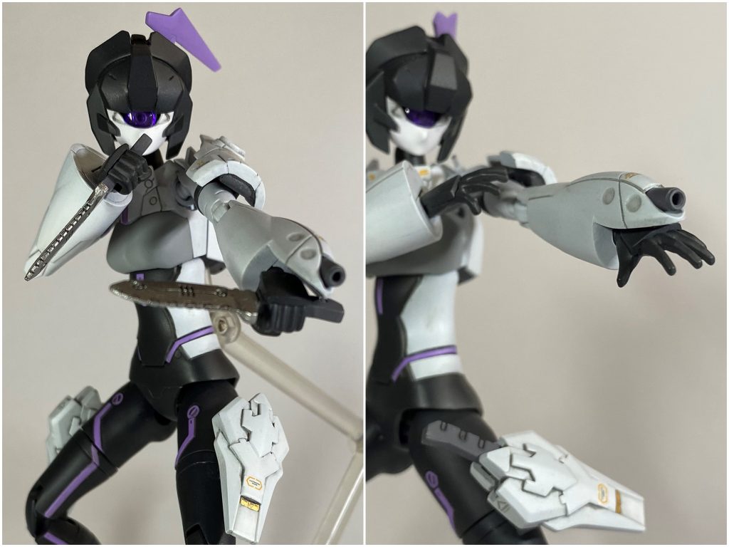 ■プラズマナイフ/シースブースター大腿部のブースターに格納された格闘戦用の武装。グリモアのプラズマナイフを流用したもので、原型機と同様の性能。■アームビームガン近距離牽制用に調整された固定武装。出力などの関係上ビームサーベルの発振機能は無い。■工作ヒトツメ用ボディにするという天啓をうけてしまったので、全てをそれに合わせて修正していきました。裏打ちや合わせ目消しなどの基本的な加工、メイとはちがう一般人感を出すための改造、一つ目からイメージした狙撃特化の設定に説得力を出す改造をしています。