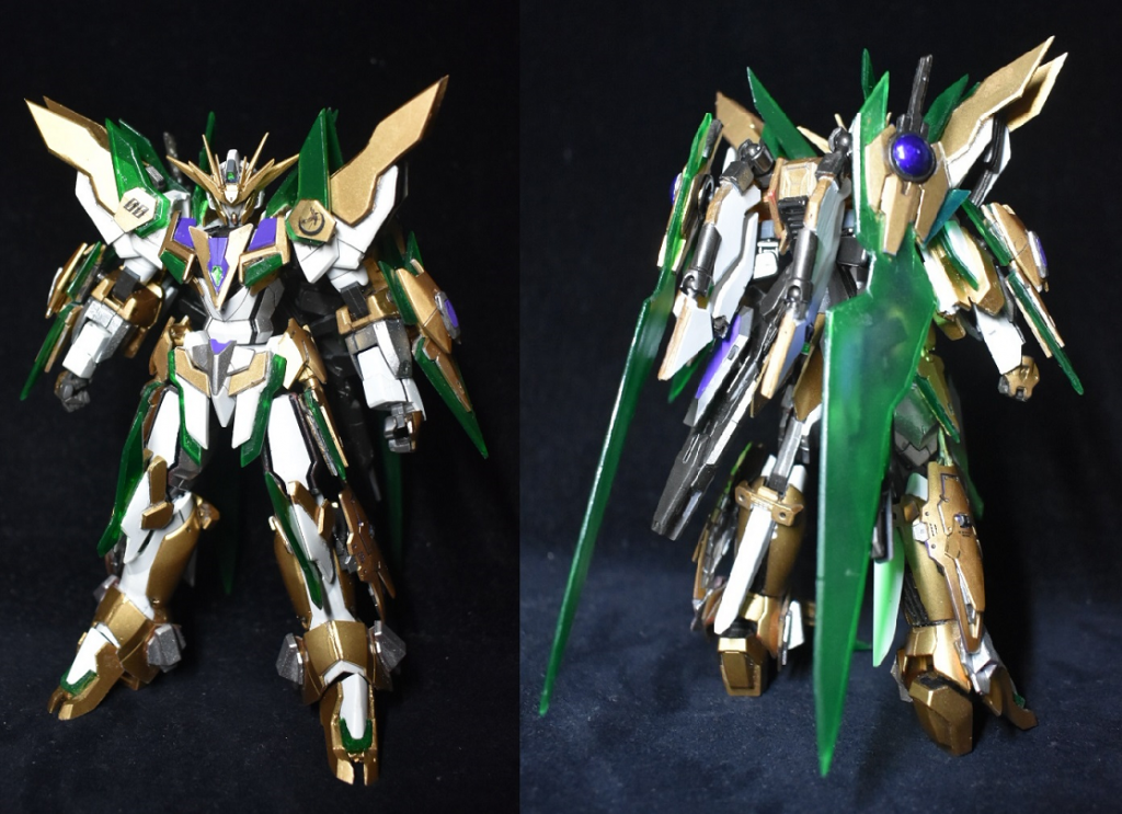 正面と背面から 羽はたためますバックパックをほぼ全て作り直し羽を小型化しましたトゲトゲした前回よりだいぶスッキリしたかな?改造イメージの大元は某KMFと某グロンギですわかる人はわかるかも