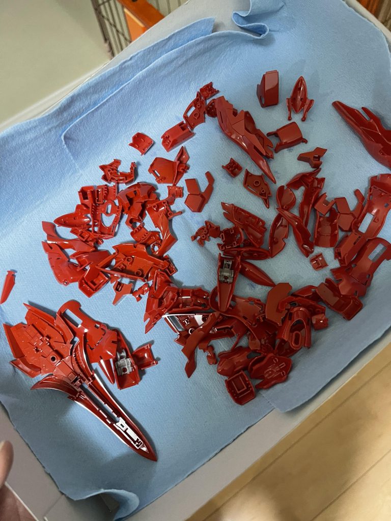 素組み完了後全て取り外しまず洗浄。乾かします。嫁が予定のある、連日3夜。この時間に弾丸的に塗装です!