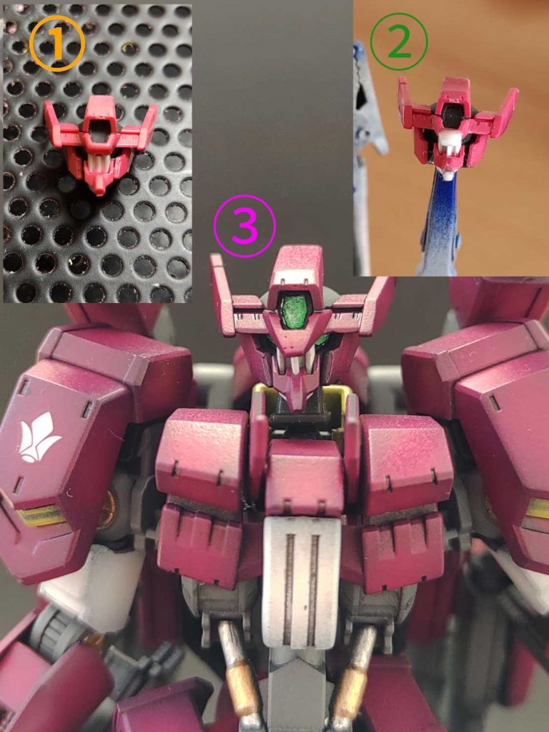 唯一の改修点が顔です。キットのままだと顔がいまいちと感じましたので、アンテナのひさし？と顎をプラ板で延長しています。少しは険しい顔つきになりました、、、かな最後までご覧いただきましてありがとうございました。