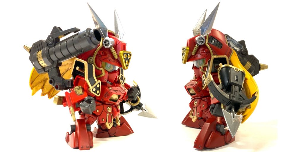 ●紅武者 左右額の飾りパーツだけ、「ガンダムマーカーメッキシルバー」⇒「クリアーイエロー(エナメル)」で塗装し、メッキパーツ風に。