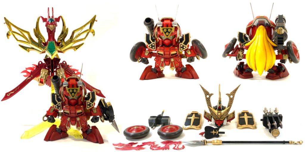 ●作品内容一覧将頑駄無は、・頭 ・肩鎧 ・矢筒+ボウガンの交換・取り付けで再現しています。画像右上は紅武者のキット基本状態 前後心踊る騎馬メカ「駄尾怒尊(ダビットソン)」の名残を感じる部分ですね。武者クロスカノンギミックも秀逸でしたが、今回はオミットです。