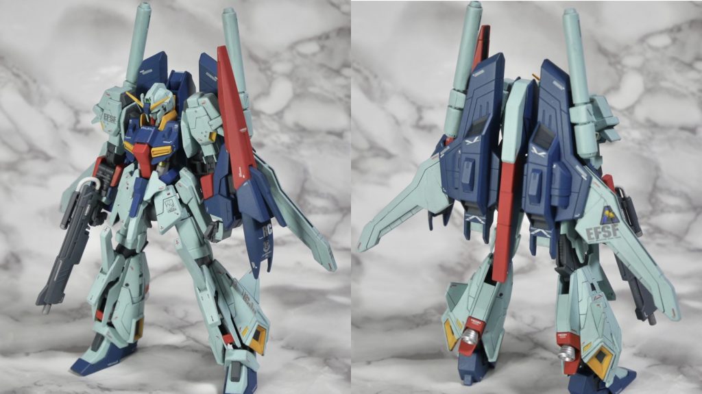 見立て改造といっても使用キットはほとんどライトニングゼータだけです本体は色変えのみ、バックパックは各パーツの取り付け位置や向きを変更して、ジャンクパーツ取り付けた形です