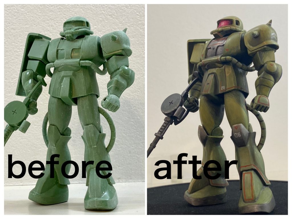 塗装前と塗装後です。塗装だけでかなり印象が良くなったと思います。前述のスパイクアーマーやふくらはぎの部分は凹凸のある印象を与えていると思います。