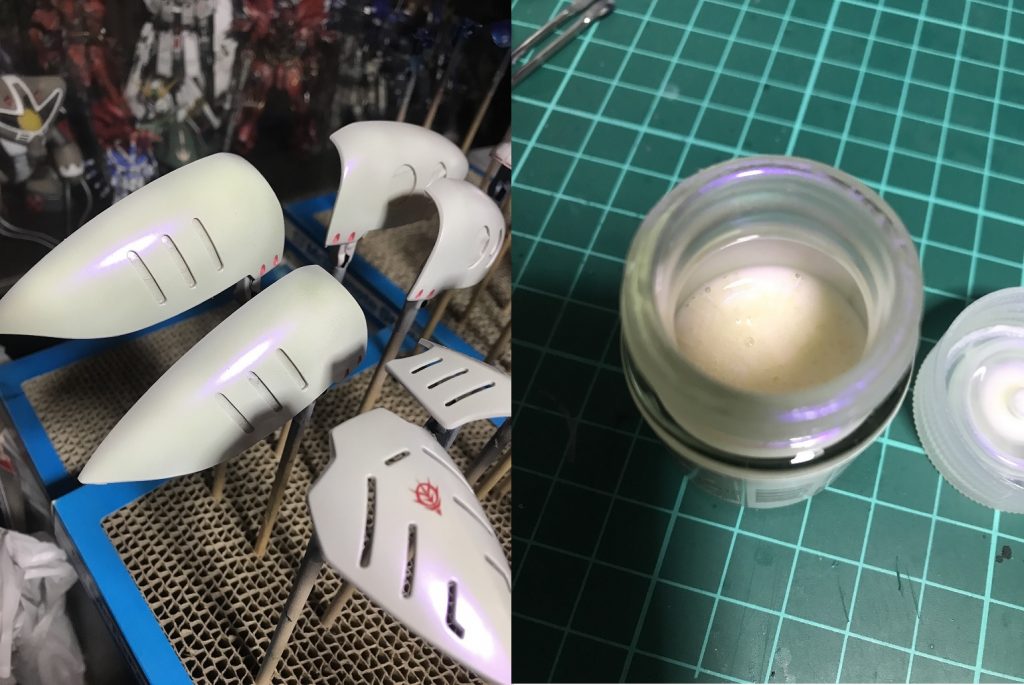 メインのホワイト部分は、グレーサフ→GXクールホワイト→アメジストパープル→EXクリアーで塗装しました。