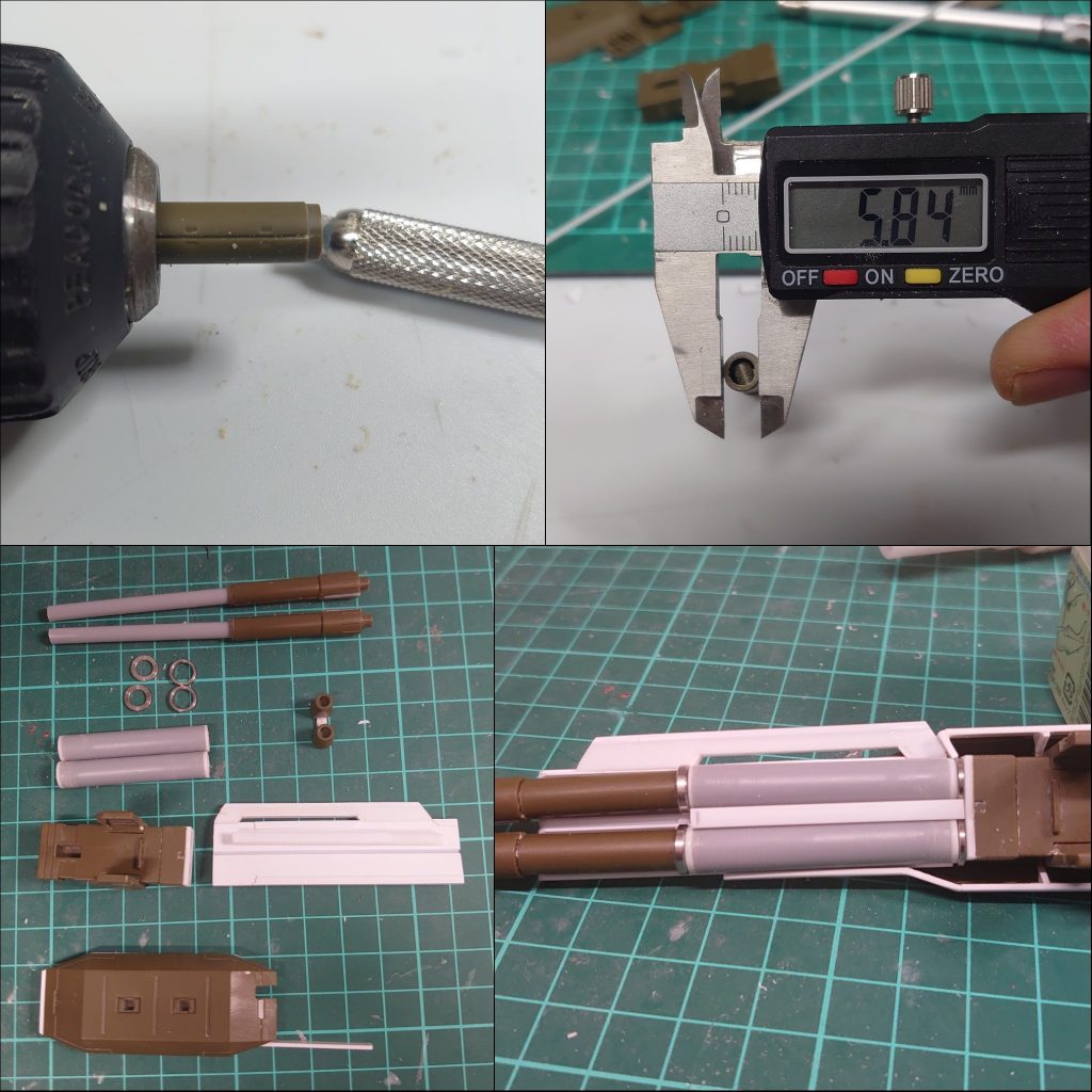 パイプ関係（ダブルビームガン、ブースターキャノン、シールド）のパイプと金属パーツは、外輪をダンモで削りノギスで確認。パイプの中にもう一本パイプを入れる事で、あとはめ加工になるので塗装も楽ちんです