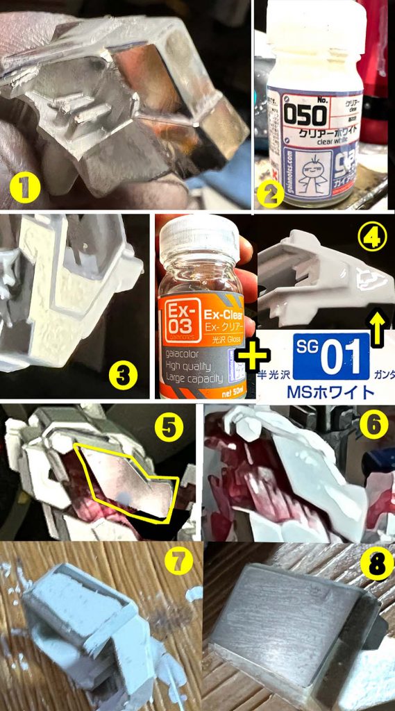 1,まずは塗装確認とテスト。エナメル溶剤で白塗料がはがせる。下地はメッキ2,これにクリアホワイトを吹いてみる3,塗り重ねていくと、いい感じになってくるが色味が合わない4,MSホワイトとクリアを5;5で混ぜて溶剤で薄めて重ね吹きすると色は合う。5,目立つゲート跡の面だけはがして傷部分にシルバーを塗る6,薄く吹き重ねてフィニッシュ。エアブラシを持ってない人はMSホワイトをサッと噴いた後に光沢クリアで仕上げればいけるとおもう7,部分的に削ってみるのもありかも8,メッキを誤って落としてしまった時はシルバー塗装で下地を作っても仕上がりにさほど差はないただ、チタニウムフィニッシュ特有のエッジから微妙に下地が見える処理はむつかしい。ペーパーやコンパウンドで削ってもいいが難易度は高そうTIフィニッシュを持って🄬方は、ぜひやってみてください