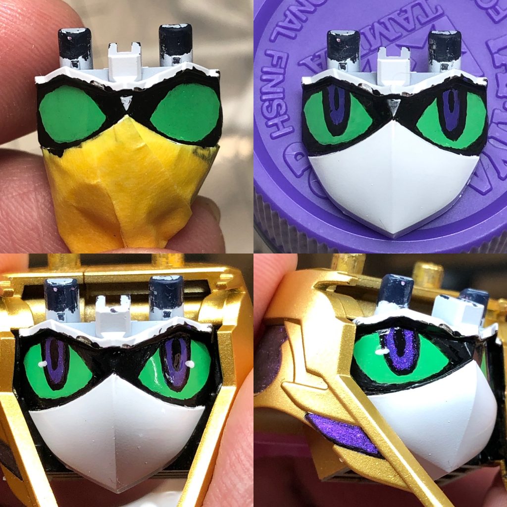 瞳は黄緑の下地をラッカーで作り、水性アクリルで隈取をTwitterなどで見られるSDのイラストを参考に女性っぽくハマーンっぽくをイメージして。上側が前髪で隠れるので、描いているときの見え方と組んだときの見え方が違い、少しずつ修正しながら描きました。最後は紫部分に使ったキラキラな絵の具を薄く載せて、水性アクリルのクリアでコートと艶を出しました。キットの感想二の腕や杖の蛇などの肉抜きは大きいですが、合わせ目も目立ちにくく、顔や写真はありませんが膝関節の後ハメも簡単な工作で可能でした。塗り分けも直線が多いので塗料と道具を選べば難しく無いほうかも。こちらもよろしく。https://twitter.com/ztUFZPs9PHcb09s/status/1478397510830145538?s=20