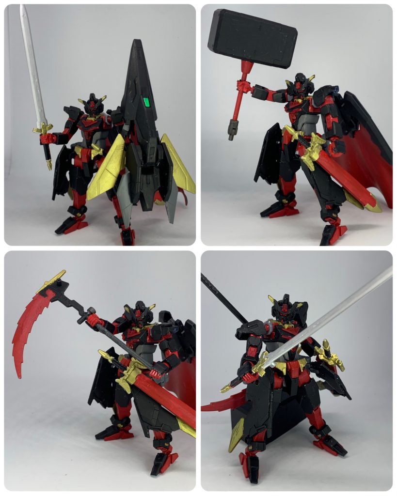 長剣→ダーインスレイヴ、鎌→レイヴァンテイン、ハンマー→ミョルニル。また、マントはメギンギョルズという名前をつけてます。マントを外せば背中に各武器をマウント出来ます。それぞれマクギリスグレイズリッター、SDEXデスサイズヘル、グシオン、トライスラッシュブレイドから持ってきてます。