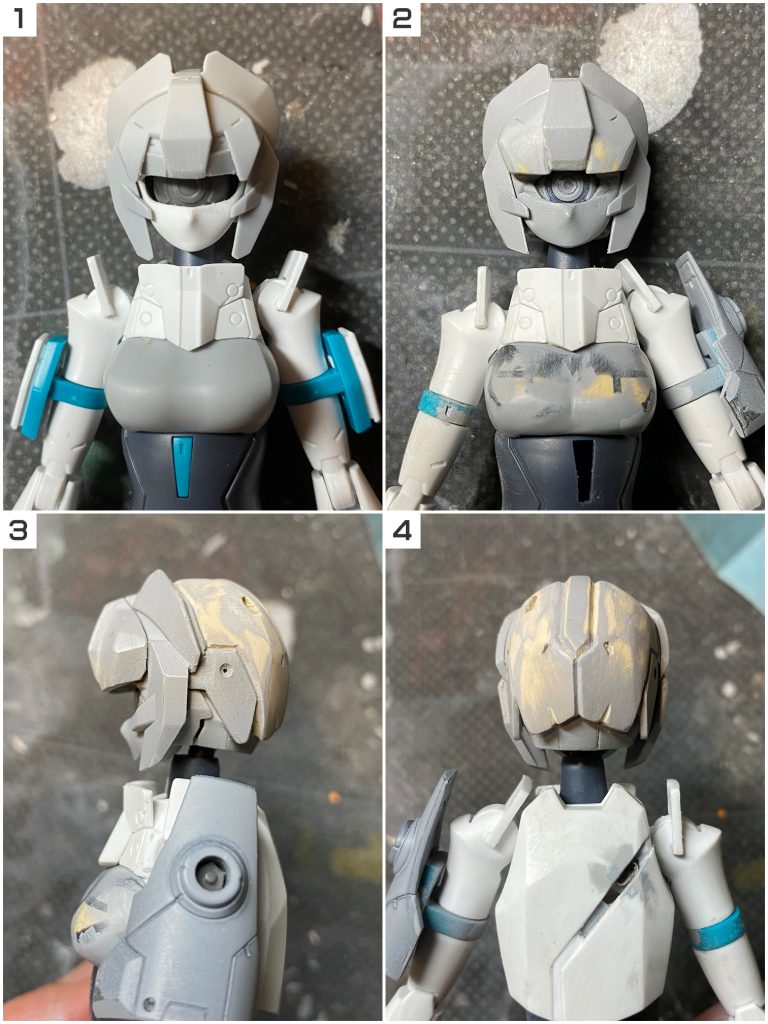 1:まずはここがスタート地点。頭部内側をくりぬき、前髪パーツやマスクの要らない部分をカットして、ヒトツメ(この時点では1/100グレイズのセンサー)を埋め込みました。2:その後、エポキシパテの盛り削りで形を出しています。髪型はショートカットにしました。胸も狙撃ポーズの邪魔になるため、パテで裏打ちした後削り込んで控えめに調整。3:頭部側面。メイの後ろ髪を設置するための穴が開いていたので、削り落とした上でパテ埋めして成型しています。そのかわりに左後頭部にはアンテナ(多分GNアーチャー)を設置。4:長い後ろ髪が無くなったので、生え際などもそれらしくディテールを追加。背中部分にはライフルを接続するためにネオジム磁石を埋め込み、ガイド兼ディテールとしてスリットを彫りこんでいます。
