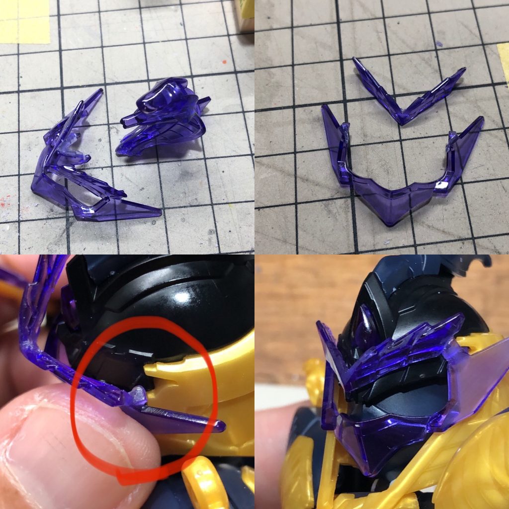 仮面の加工。蛇を切り離し、ティアラ部分も慎重に切断（スジボリ後のエナメル割）、ランナーなどで延長して前髪が見えるように。固定はコメカミにちょうどいい窪みがあったので、瞬着などで突起を作ってハメられるようにしました。