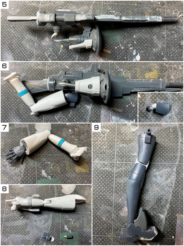 5:基本構造はライトニングガンダムのビームライフル+ジムスナイパー2のライフルのストック。ジャンクパーツや30MMのパーツでセンサーを制作、ケーブルは「自遊自在」を使っています。背中にマウントするための金属パーツはホチキスの針。6:ストックは特に腕とのバランスを見ながら調整しました。持ち手は自然に構えるために軸に角度をつけたものを制作。ナイフと兼用ですが、トリガーに指をかけた銃持ち手も用意すればよかったですね。7:右腕はビームシールド、ビームサーベル共に撤去。空いた穴はパテやプラ板で塞ぎました。8:左腕はビームシールドを小型の装甲(多分ガンダムウヴァルのサイドアーマー)に変更。前腕部は塗分けのために後ハメ加工、ついでに射撃武器らしく銃口を大きくしました。左右の腕共に肘関節は後ハメ加工せずに対応。9:膝関節がはめ込み式なのですが、無理に後ハメはせず順番に合わせ目を消しました。足パーツは一般人らしくヒールを省略してぺたんこ靴に。裏側はエポパテで裏打ち、パーツの追加と削り込みでハイテクスニーカー的なシルエットを目指しています。接続の向きが変わったので、横方向の設置性も向上しました。ハンドガンを省略した結果太腿のピンが余ったので、ナイフの鞘兼ブースターを付けました。(ビギニング30のパーツかと思われます。途中写真がねえ。)股関節も少し付き位置を調整して、腰~足のラインを自然なシルエットにしています。