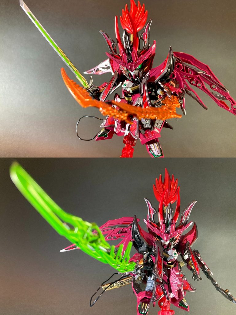  〜〜〜〜〜〜〜〜〜〜〜SDWヒーローズ 信長エピオンの強化形態をオリジナル設定爆盛りで製作致しました。長文設定にもかかわらずお読み頂きありがとうございます。ヒーローズ本編では闇堕ちした信長エピオン、色違いダークマスクver.もキット化されましたが、一方で倚聖の曹操ウイング・龍尊劉備ユニコーン・斉天大聖悟空インパルスのようなパワーアップ新形態は登場せず終いでした。そこで今回、信長エピオンの新形態として造型・カラーリングのアレンジを加えて製作させて頂いた次第です。「波旬(はじゅん)の装」という名称は、仏典『大般涅槃経』での第六天魔王の名である波旬から取らせて頂きました。織田信長の異名として有名な