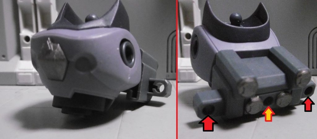 【コア】MCM-MI/008これに似た形状は流石に無く、クレスト製だとミサイル迎撃装置の表現にパーツ接着が必要になるのと、ガンプラではEOの表現が難しく、消去法も考慮してミラージュ製の隠し中量OBコアに。「高出力OB」「低OBEN消費量と」「オプションスロット19」の他にも、高AP・高い防御バランスを持ちます。コアの特性に合わせて、パワーダーのバックパックもそれに倣いました。中央の矢印はブースタ噴射炎が、周りの4つ(3mm穴を塞ぐ箇所)はOBを噴射するハッチで起動時に展開。両端の矢印は肩装備ラックに。ミサイル迎撃装置が無いので、アセンによっては対策が必要。コアには「腕部積載量」が存在し、数値は3270この数値を超える腕部や左右腕装備を載せると、命中率が大きく下がりますので、どうにか調整したいトコロ。